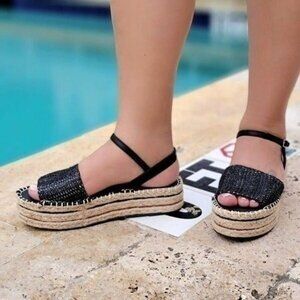 Black Woven Color Espadrille Wedge Sandals Open Toe Faux Leather Women's